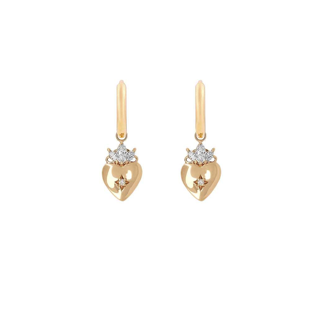 Front view of the Claddagh North Star Diamond Gold Earrings in 14k gold, featuring the Claddagh motif with a central diamond.