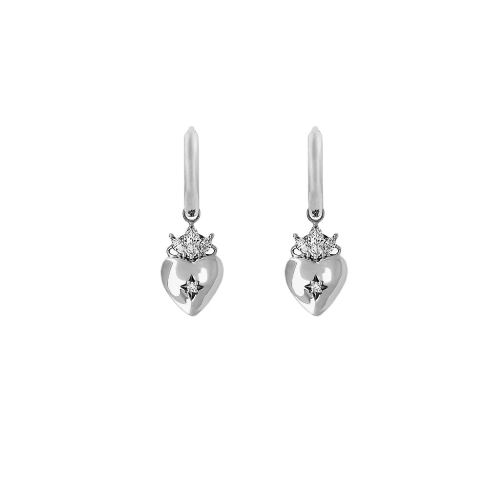 Front view of the Claddagh North Star Diamond Gold Earrings in 14k white gold, featuring the Claddagh motif with a central diamond.