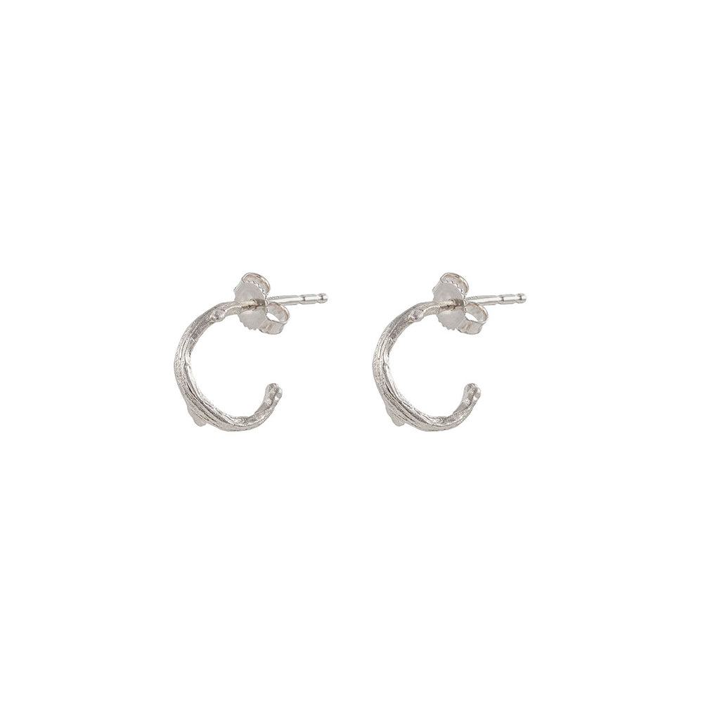 Front view of the Hawthorn Twig Small Hoop Earrings in 14k white gold, featuring a delicate twig texture.