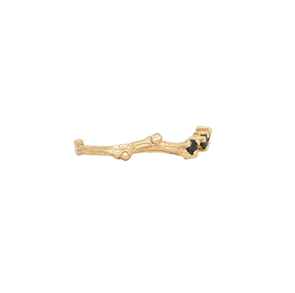 Alternative view of Side profile of the Crown of Sky Black Diamond Ring in 14k solid gold, showcasing the textured twig band and the elevated black diamond settings.
