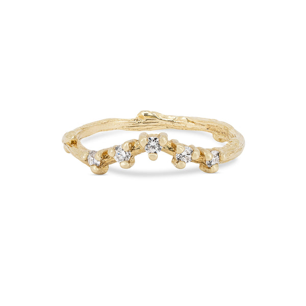 Front view of the Crown of Sky Diamond Ring in 14k solid gold, featuring five scattered diamonds on a twig band.
