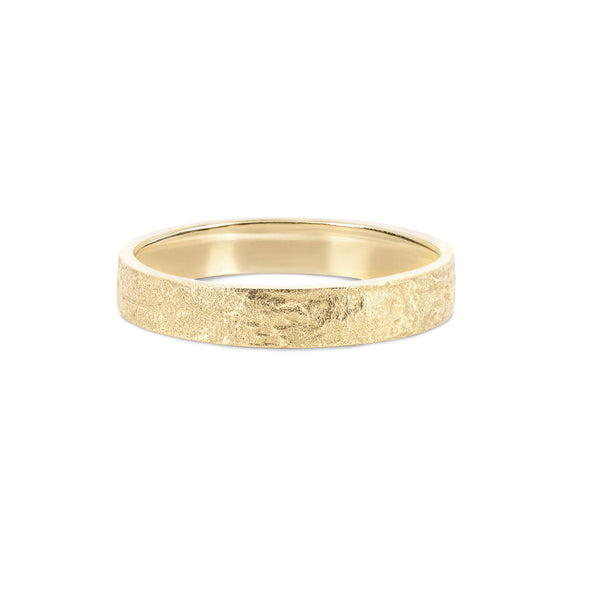 Front view of the Driftwood 4mm Wedding Band in 14k gold, featuring a textured, polished band.