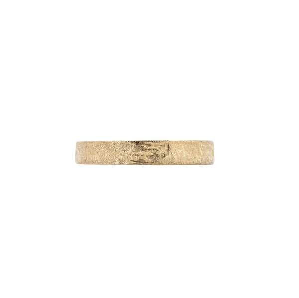Alternative view of Side profile of the Driftwood 4mm Wedding Band in 14k gold, showcasing the unique driftwood texture.