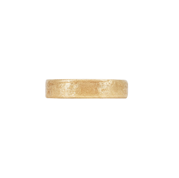 Alternative view of Side profile of the Driftwood Men's Wide Wedding Band in 14k gold, showcasing the wide band and intricate texture.