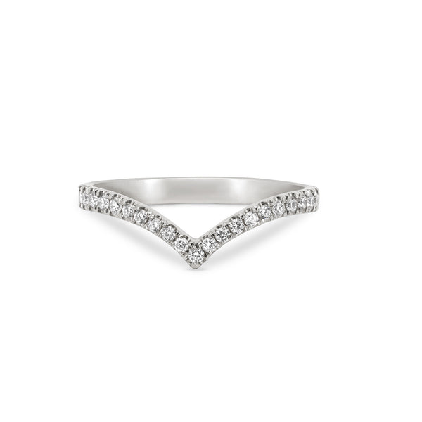 Angled view of the Future Awaits Arrow Diamond Eternity Ring in 14k white gold, with a polished band and half eternity setting.