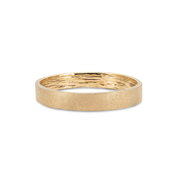 Front view of the Hawthorn Bark 4mm Men's Wedding Band in 14k polished gold, featuring a textured bark finish.