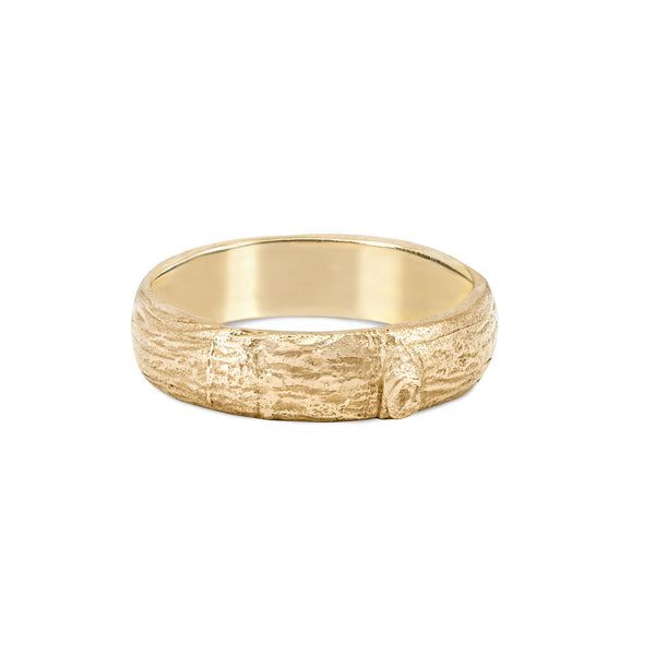 Front view of the Hawthorn Bark Men's Wide Wedding Band in 14k gold, featuring a wide, deeply textured bark finish.