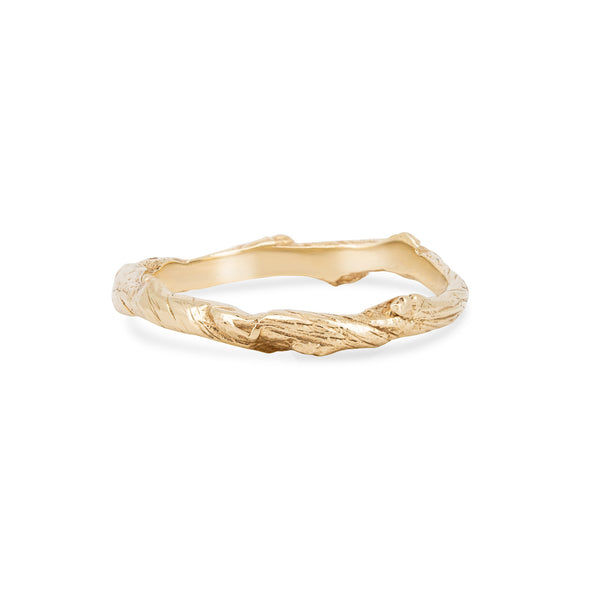 Front view of the Hawthorn Twig Ring in 14k gold, featuring an intricate twig-textured band.