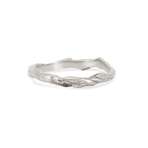 Front view of the Hawthorn Twig Ring in 14k white gold, featuring an intricate twig-textured band.
