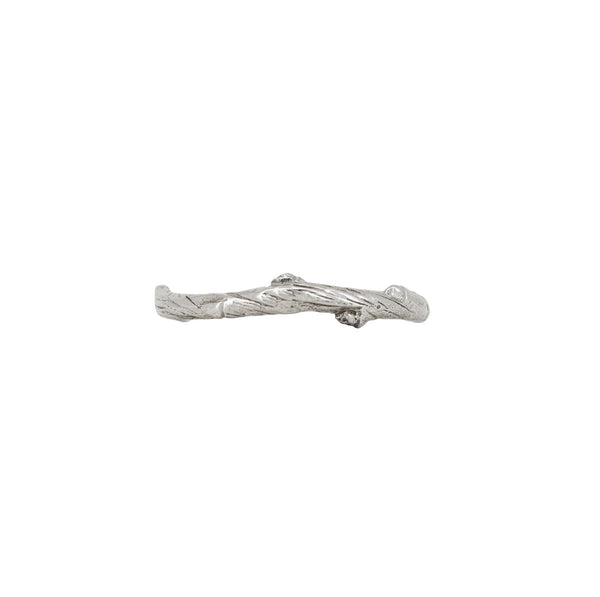 Alternative view of Side profile of the Hawthorn Twig Ring in 14k white gold, highlighting the delicate, nature-inspired texture.