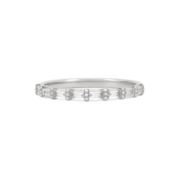 Front view of the Hero Eternity Baguette Diamond Ring in 14k white gold, featuring baguette diamonds.
