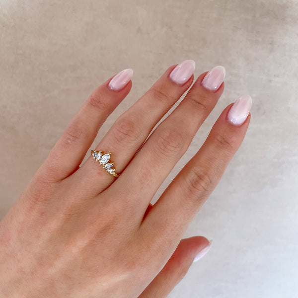 Alternative view of Close-up of a hand wearing the Crown of Hope Diamond Ring in 14k solid gold.
