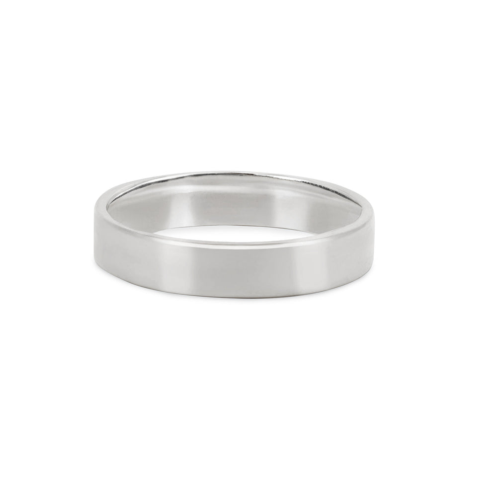 Front view of the Timeless Love 5mm Polished Wedding Band in 14k white gold, a simple and elegant polished band.