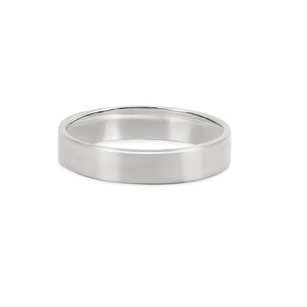 Front view of the Timeless Love 5mm Polished Wedding Band in 14k white gold, a simple and elegant polished band.