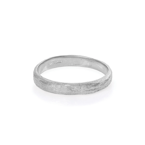 Front view of the Driftwood 14k White Gold Slim Wedding Band, featuring a narrow, textured bark finish.