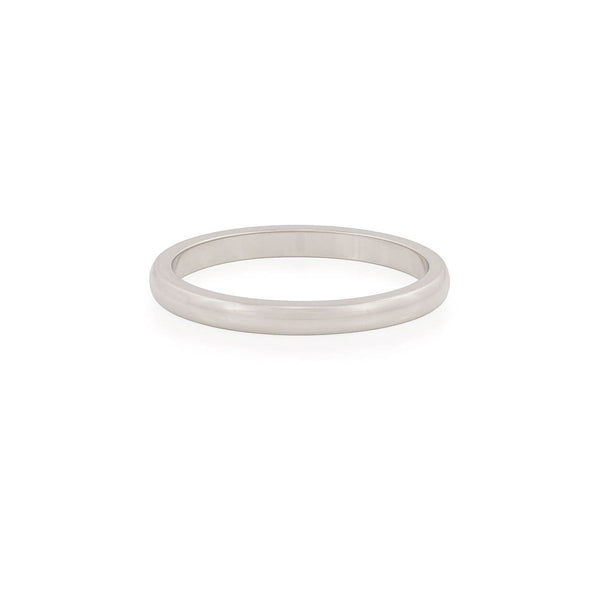 Front view of the Timeless Love 2mm Wedding Band in 14k white gold, a thin, polished wedding band.