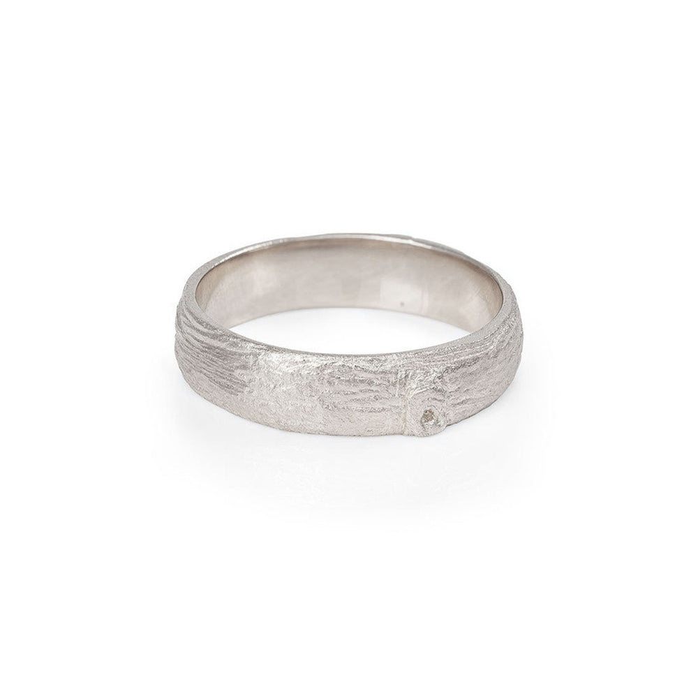 Front view of the Hawthorn Bark Men's Wide Wedding Band in 14k white gold, featuring a wide, deeply textured bark finish.