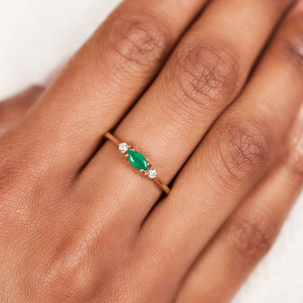 On-body shot of Daydreamer Ring Marquise Emerald & Diamond Ring - 14k Polished Gold