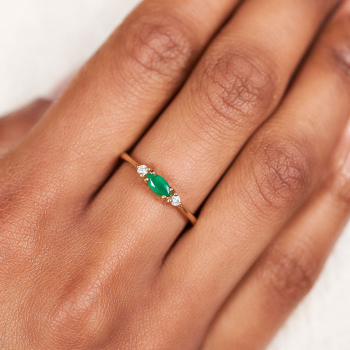 On-body shot of Daydreamer Ring - 14k Polished Gold Marquise Emerald & Diamond Ring
