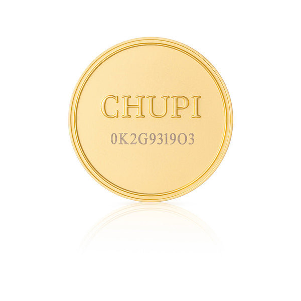 Alternative view of Angled view of the Chupi Gift Coin, showing the thickness and edge detail.