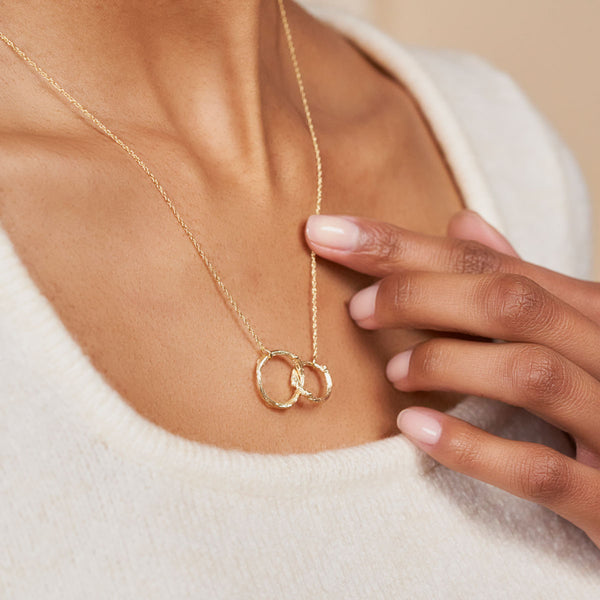 On-body shot of Just The Two Of Us - 14k Gold Hawthorn Twig Double Circle Necklace