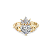 Front view of the Claddagh Heart Cut Diamond Engagement Ring in 14k solid gold, showcasing a heart-shaped center diamond and three-stone crown detail.