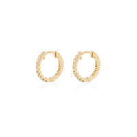 Thumbnail of Front view of the Today Diamond Eternity Huggies in 14k gold, small hoop earrings set with diamonds.