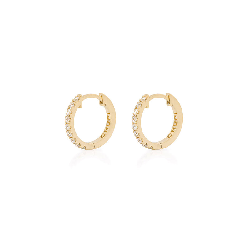 Front view of the Today Diamond Eternity Huggies in 14k gold, small hoop earrings set with diamonds.