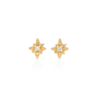 Thumbnail of Front view of the North Star Diamond Stud Earrings in 14k gold, featuring a bezel-set diamond in a starburst setting.