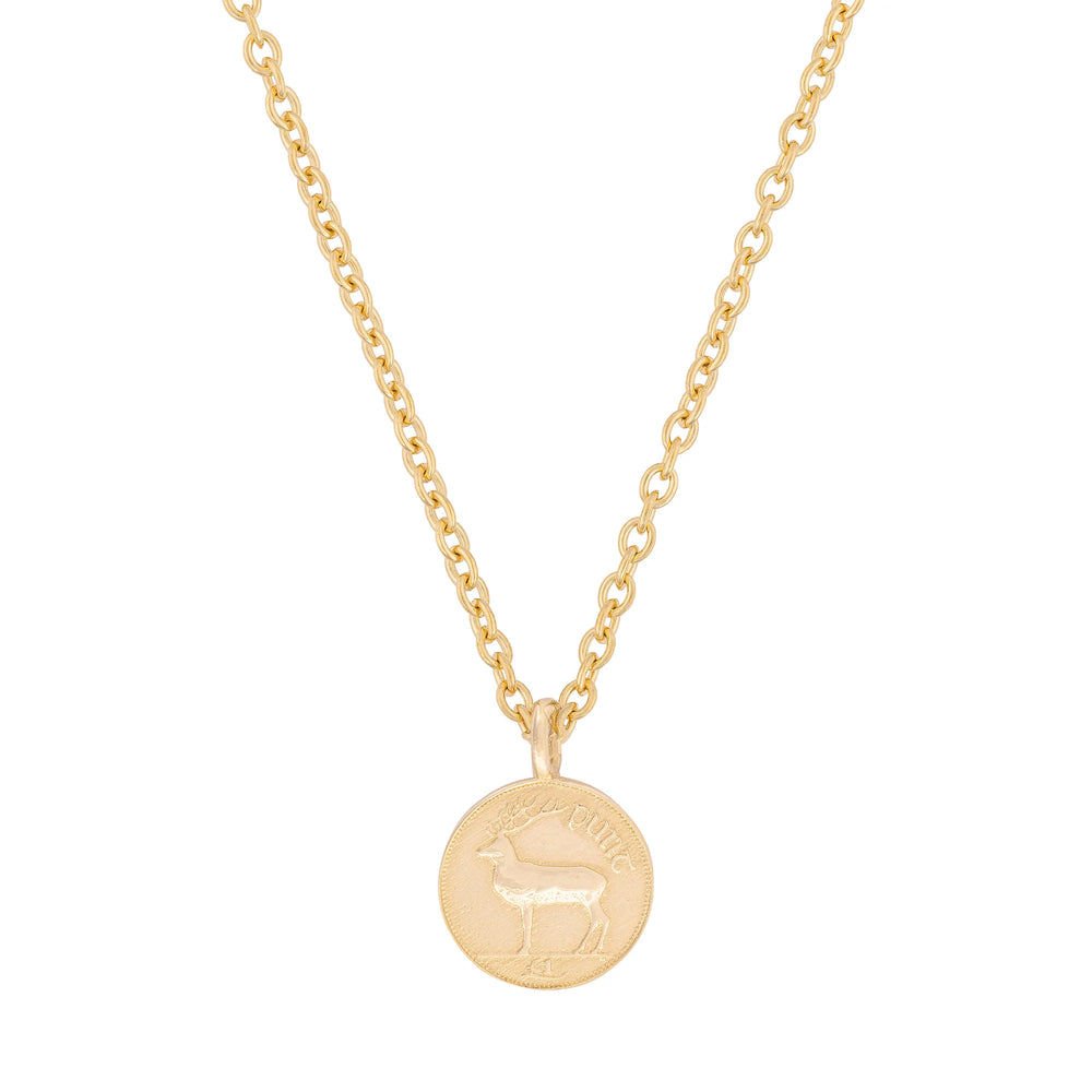 Front view of the Worth Your Weight In Gold 1995 Stag Coin Necklace in 14k gold, featuring a polished coin pendant with a detailed stag motif.