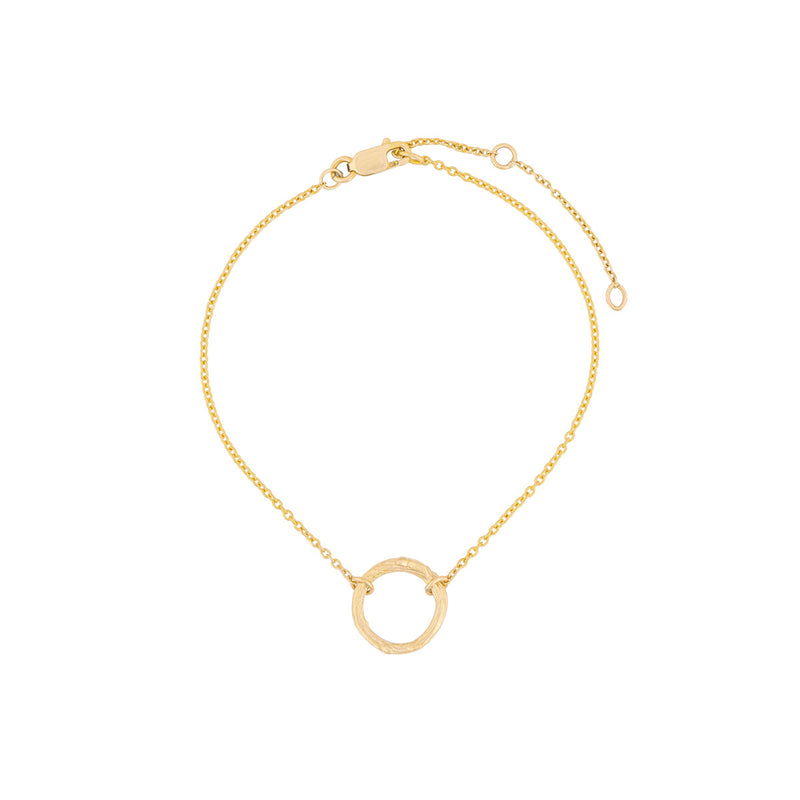 Full view of the Hawthorn Twig Bracelet in 14k gold, showcasing the adjustable chain and twig charm.