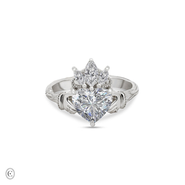 Claddagh 2ct Heart Cut Diamond Engagement Ring - 14k White Gold