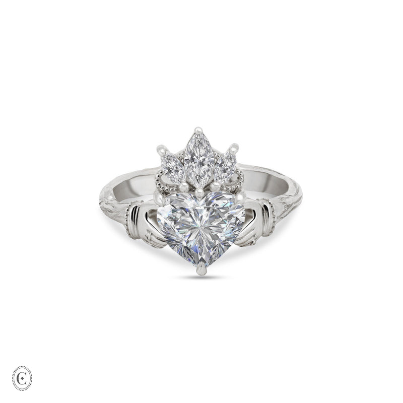 Claddagh 2ct Heart Cut Diamond Engagement Ring - 14k White Gold