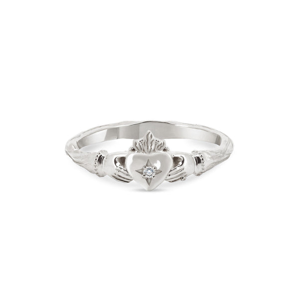 Front view of the Claddagh North Star Diamond Ring in 14k white gold, showcasing a heart-shaped diamond with a crown and hands motif.