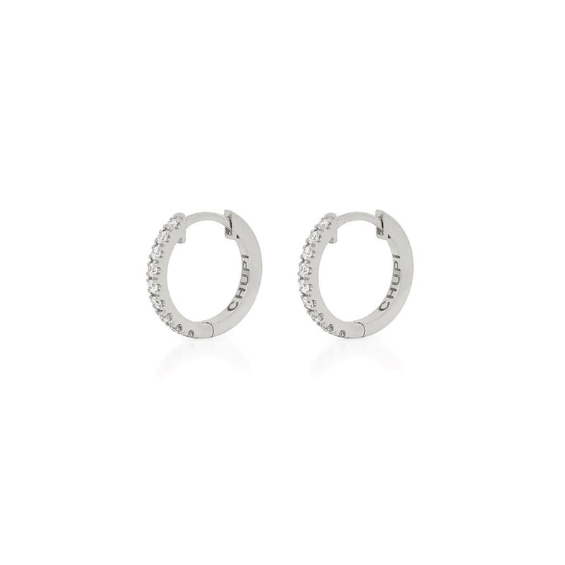 Front view of the Today Diamond Eternity Huggies in 14k white gold, small hoop earrings set with diamonds.