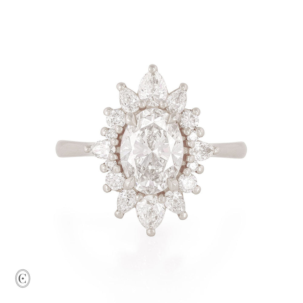 Front view of the Queen of Hope 2.7ct Lab-Diamond Engagement Ring in 14k white gold, featuring a large oval diamond surrounded by a ballerina halo on a polished band.