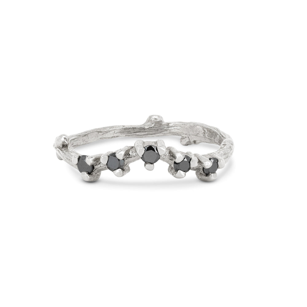 Front view of the Crown of Sky Black Diamond Ring in 14k white gold, featuring five scattered black diamonds on a twig band.