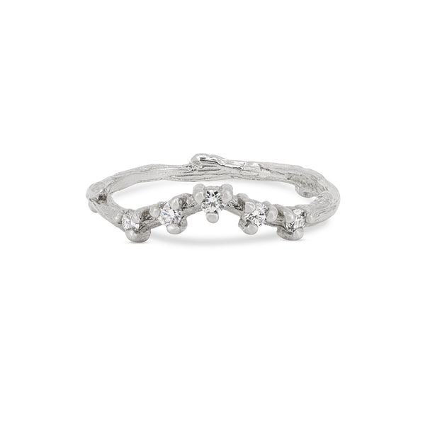 Front view of the Crown of Sky Diamond Ring in 14k white gold, featuring five scattered diamonds on a twig band.