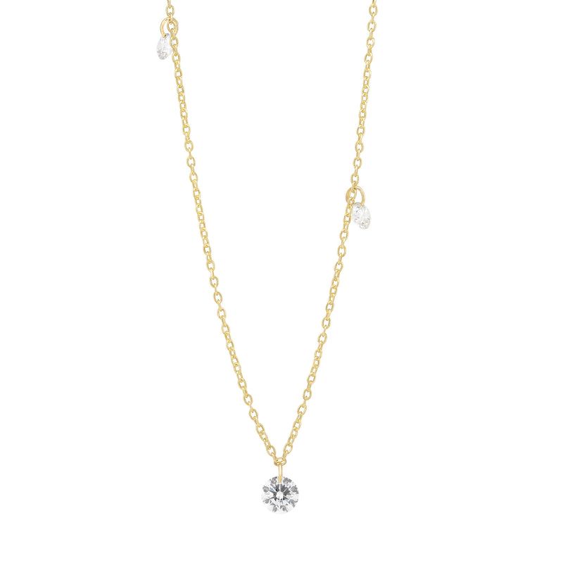 Front view of the Dewdrop Three Diamond Necklace in 14k gold, featuring a cluster of three small diamonds.