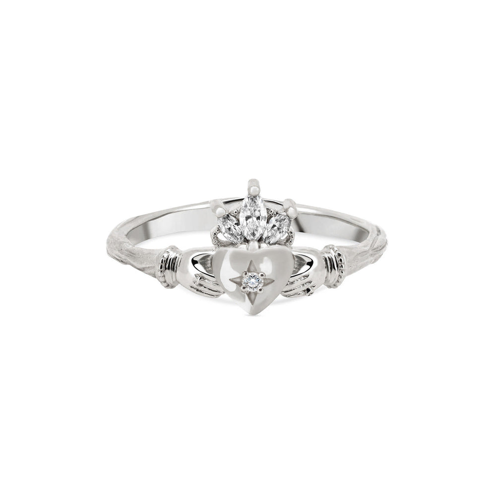Diamond Crown Claddagh North Star Gold Ring - 14k White Gold