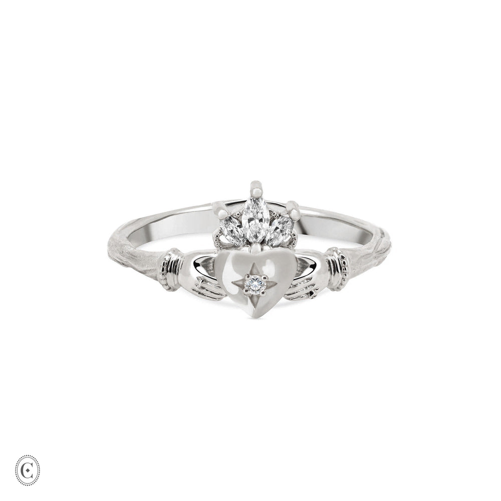Diamond Crown Claddagh North Star Gold Ring - 14k White Gold