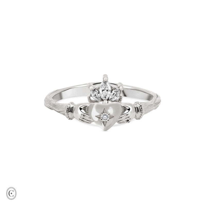 Diamond Crown Claddagh North Star Gold Ring - 14k White Gold