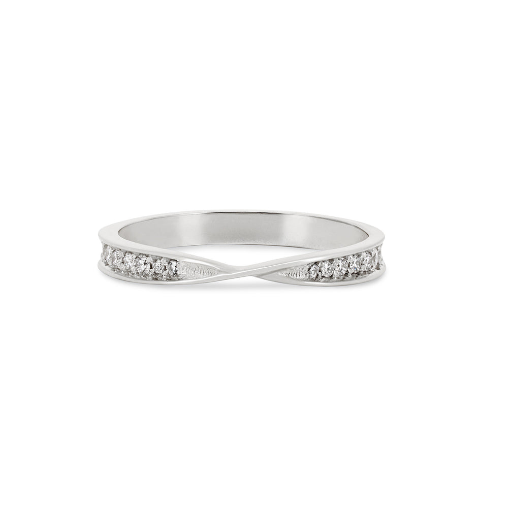 Front view of the Follow Your Heart Diamond Wedding Ring in 14k white gold, featuring a dainty heart shape on a textured twig band.
