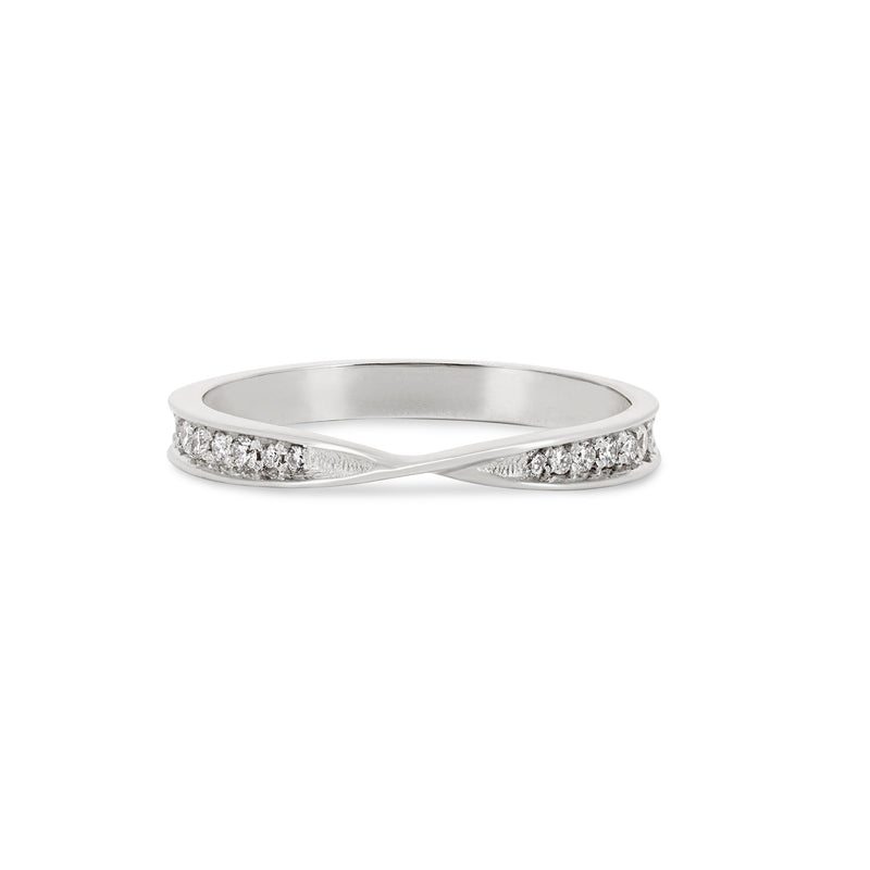 Front view of the Follow Your Heart Diamond Wedding Ring in 14k white gold, featuring a dainty heart shape on a textured twig band.