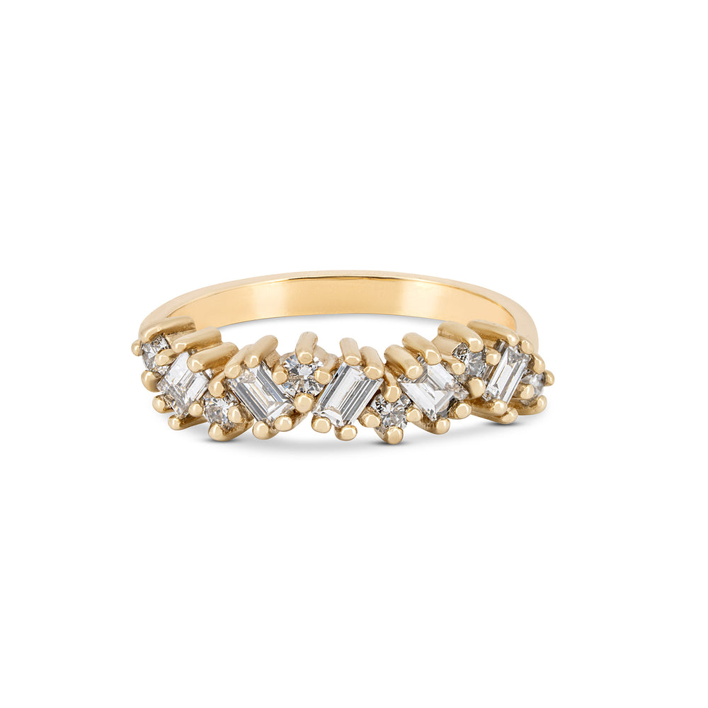 Front view of the Follow Your Path Diamond Eternity Ring in 14k solid gold, featuring a half eternity band of diamonds.