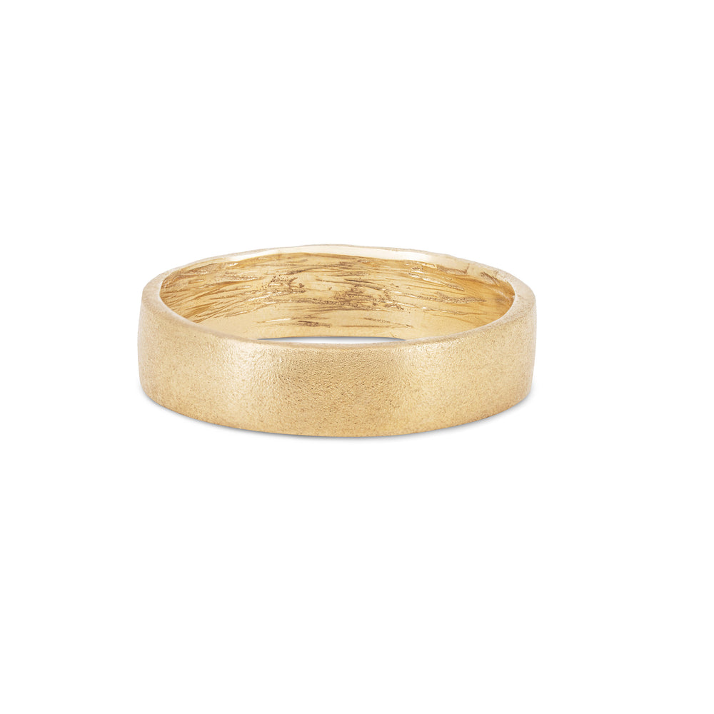 Front view of the Hawthorn Bark Wide Wedding Band in 14k polished gold, featuring a wide, deeply textured bark finish.