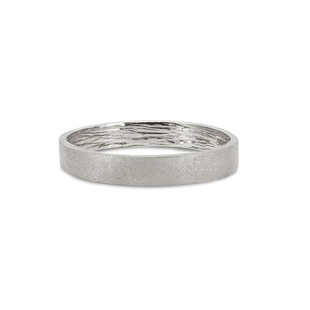 Front view of the Hawthorn Bark 4mm Men's Wedding Band in 14k polished white gold, featuring a textured bark finish.