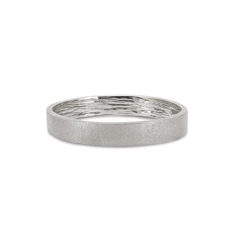 Front view of the Hawthorn Bark 4mm Men's Wedding Band in 14k polished white gold, featuring a textured bark finish.