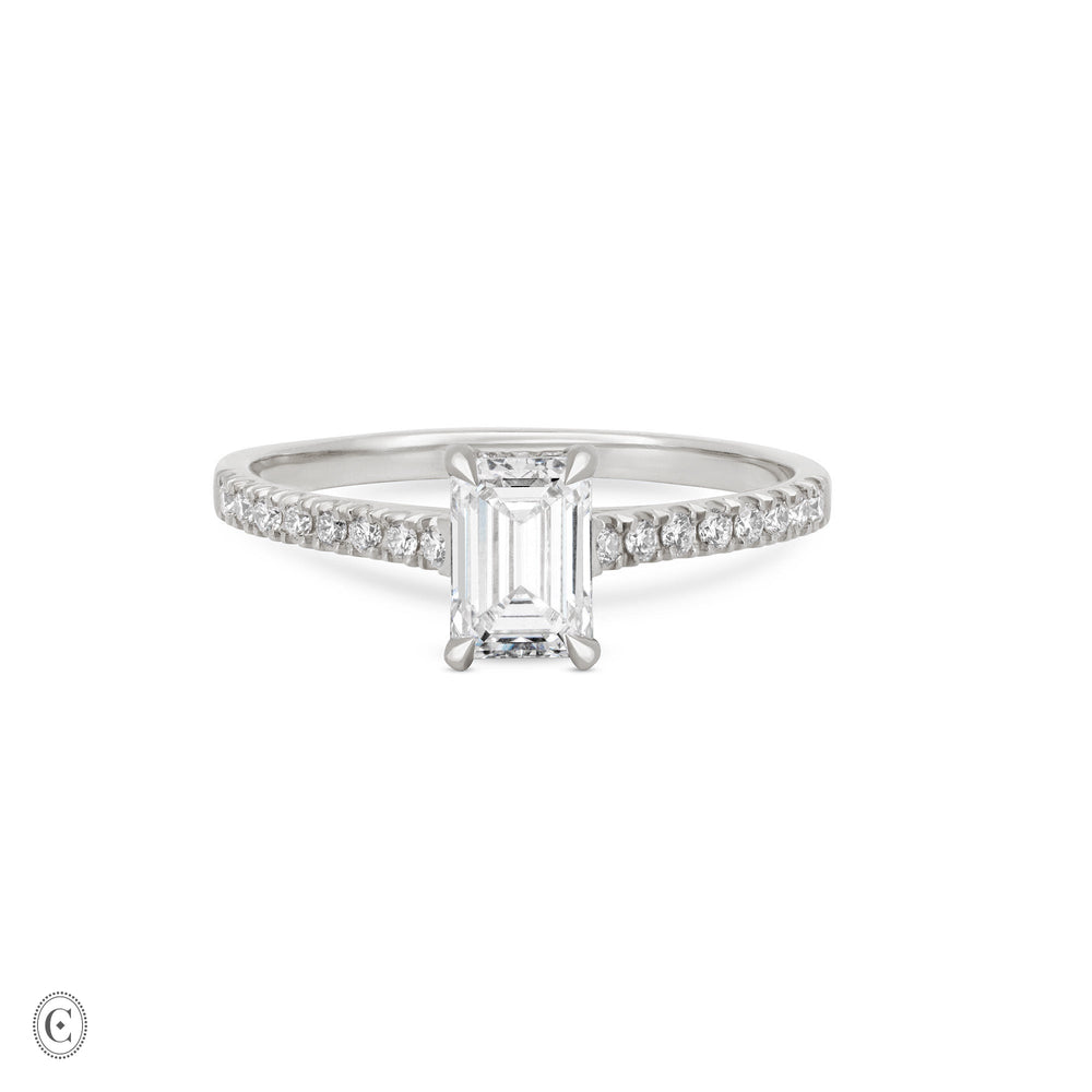 Heritage 1ct emerald cut diamond engagement ring in 14k solid white gold with eternity band, featuring lab-grown or classic diamond by Chupi.