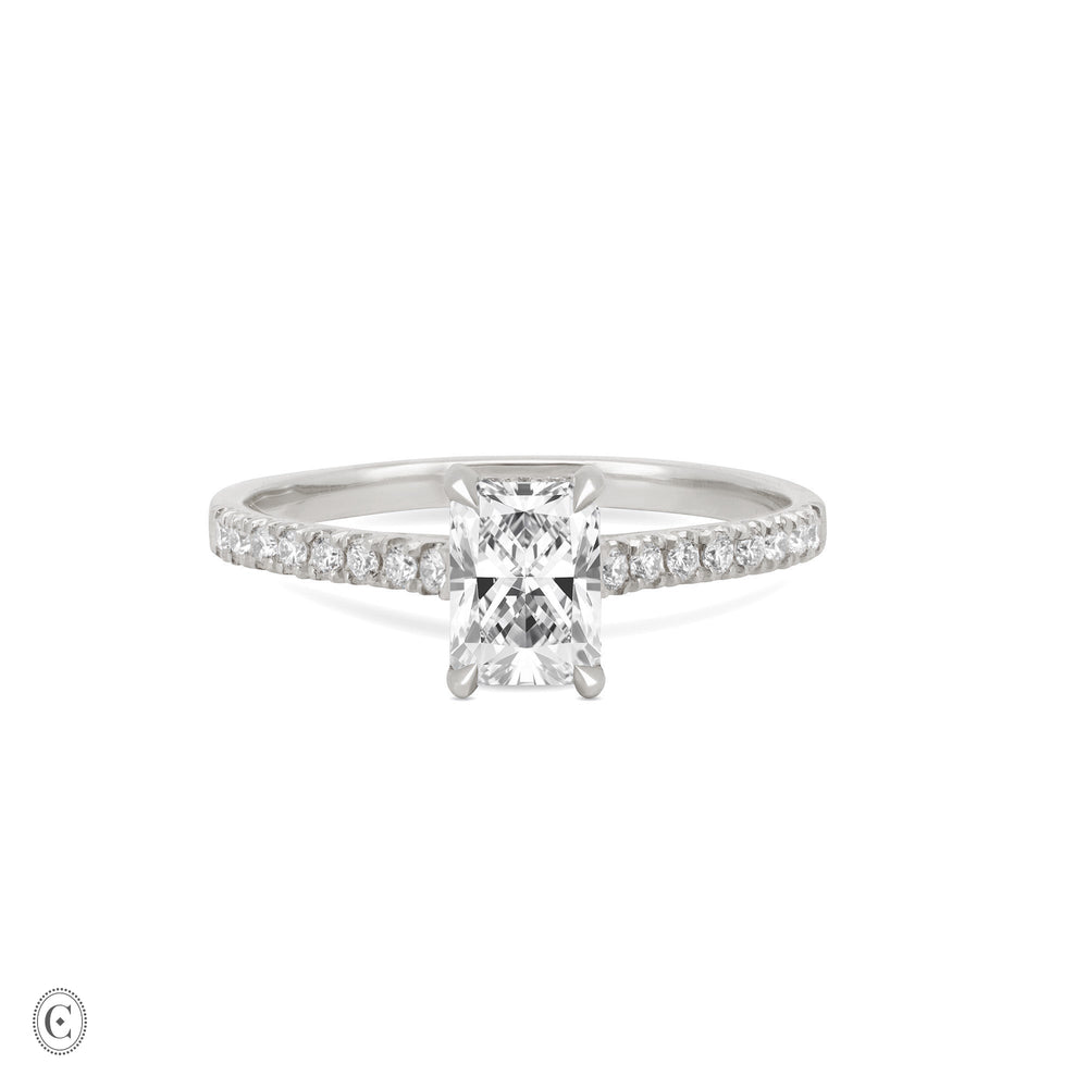Front view of the Heritage Eternity Radiant Cut 1ct Diamond Engagement Ring in 14k white gold, featuring a radiant-cut diamond with an eternity-set band.